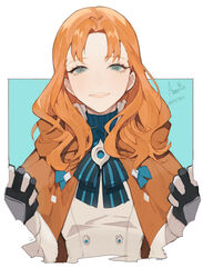  absurdres annette_fantine_dominic character_name commentary_request female fire_emblem fire_emblem:_three_houses green_eyes highres holding_hands korean_commentary long_hair nahonanaho open_mouth orange_hair simple_background solo_focus upper_body 