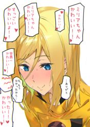  ashiomi_masato blonde_hair blue_eyes blush closed_mouth female guilty_gear guilty_gear_xrd ijimeka_(meme) long_hair meme millia_rage simple_background smile solo sweat translated white_background 