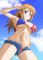  american_flag american_flag_bikini american_flag_print armpits bikini bikini_under_clothes blue_eyes blue_sky blush breasts brown_hair charlotte_e._yeager day denim denim_shorts female flag_print from_below hand_on_own_hip large_breasts long_hair minpei_ichigo navel open_fly print_bikini salute shorts sky smile solo strike_witches swimsuit world_witches_series 