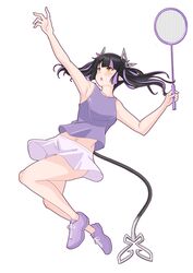  alternate_costume arm_up armpits badminton_racket black_hair blunt_bangs blush breasts commentary_request demon_girl demon_horns demon_tail female full_body highres holding holding_racket horns jumping kojo_anna long_hair looking_up medium_breasts midriff multicolored_hair nanashi_inc. navel open_mouth pink_skirt pointy_ears purple_footwear purple_hair purple_tank_top racket robou_no_stone shoes simple_background skirt sneakers solo sportswear sugar_lyric tail tank_top tennis_uniform twintails two-tone_hair virtual_youtuber white_background yellow_eyes 