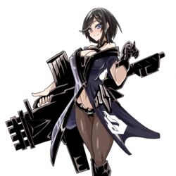  arched_back belt black_hair blue_eyes blush boots breasts brown_pantyhose bustier cannon cleavage cowboy_shot female girls&#039;_frontline gun hand_up holding holding_gun holding_weapon intruder_(girls&#039;_frontline) knee_boots korean_commentary large_breasts lazy_ant logo magazine_(weapon) mechanical_arms navel pantyhose pointing pointing_at_viewer sangvis_ferri short_hair simple_background single_mechanical_arm smile solo swept_bangs weapon white_background 