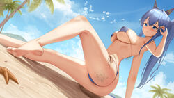  barefoot beach bikini blue_bikini blue_hair breasts dirty dirty_feet eyepatch_bikini feet female goddess_of_victory:_nikke helm helm_(aqua_marine)_(nikke) helm_(nikke) helmet highres joko_jmc legs micro_bikini on_ground outdoors palm_leaf pointy_breasts sand skull_choker soles starfish swimsuit toes tropical 