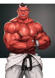  demon eyewear fangs glasses hi_res horn humanoid male muscular muscular_male red_body traver009 vein veiny_muscles 