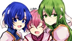  3girls aged_down bad_id bad_twitter_id blue_eyes blue_hair catria_(fire_emblem) closed_eyes closed_mouth commentary est_(fire_emblem) fire_emblem fire_emblem:_mystery_of_the_emblem fire_emblem_heroes green_eyes green_hair headband long_hair looking_at_viewer multiple_girls naho_(pi988y) open_mouth palla_(fire_emblem) pegasus_knight_uniform_(fire_emblem) pink_hair short_hair siblings simple_background sisters symbol-only_commentary twitter_username upper_body white_background white_headband 