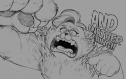  2022 ailurid angry anthro chest_tuft claws dialogue disney duo english_text extreme_size_difference facial_tuft female finger_claws gaping_mouth human larger_anthro larger_female macro male mammal ming_lee_(turning_red) monochrome open_mouth pixar red_panda school_security_guard_(turning_red) silverscarf size_difference smaller_male text tuft turning_red uvula 