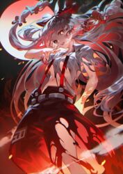  armpit_peek bow breasts burnt_clothes cigarette collared_shirt commentary dripping_eye eyebrows_hidden_by_hair feet_out_of_frame female fire floating_hair from_below fujiwara_no_mokou full_moon glowing glowing_eye hairbow hand_in_pocket highres holding holding_cigarette index_finger_raised long_hair looking_at_viewer moon navel night night_sky ofuda ofuda_on_clothes open_mouth pants pointing pyrokinesis red_eyes red_pants shirt short_sleeves sky small_breasts smoke smoking solo standing suspenders teeth torn_clothes torn_pants torn_shirt touhou u_u_zan underboob upper_teeth_only very_long_hair white_hair white_shirt 