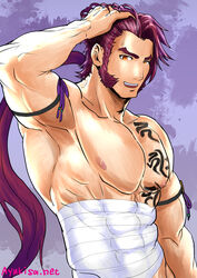  1boy armpits ayukisa bandages bara brown_eyes chest_tattoo covered_abs large_pectorals long_sideburns male_focus midriff_sarashi muscular muscular_male nipples pectorals ponytail red_hair sarashi sideburns solo tattoo textless_version thick_eyebrows tonbokiri_(touken_ranbu) topless_male touken_ranbu upper_body yellow_eyes 