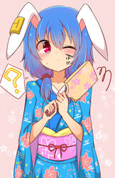  ? alternate_costume blue_hair blue_kimono body_writing breasts closed_mouth female floral_background floral_print highres holding inon japanese_clothes kimono long_sleeves low_twintails medium_hair obi one_eye_closed pink_background pink_eyes purple_sash sash seiran_(touhou) simple_background small_breasts spoken_question_mark touhou twintails wide_sleeves 