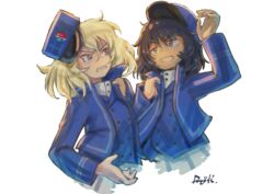  2girls andou_(girls_und_panzer) bc_freedom_(emblem) bc_freedom_military_uniform black_hair blonde_hair blue_eyes clenched_teeth clothes_grab dark-skinned_female dark_skin emblem girls_und_panzer hair_between_eyes highres kuroneko_douji medium_hair multiple_girls oshida_(girls_und_panzer) side-by-side signature tan teeth tsurime upper_body 