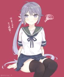  akebono_(kancolle) bad_id bad_twitter_id bell black_thighhighs blue_sailor_collar blue_skirt commentary_request cowboy_shot female flower hair_bell hair_flower hair_ornament invisible_chair jingle_bell kantai_collection long_hair looking_at_viewer looking_to_the_side one-hour_drawing_challenge pleated_skirt purple_eyes purple_hair red_background saiki_yuzuri sailor_collar school_uniform serafuku shitty_admiral_(phrase) short_sleeves side_ponytail simple_background sitting skirt solo squiggle thighhighs translated very_long_hair 