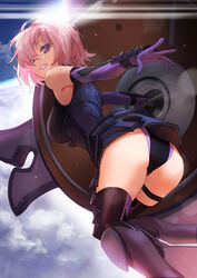  armor armored_dress ass blue_sky bodysuit breasts cloud dutch_angle elbow_gloves fate/grand_order fate_(series) female from_below gloves kyou-chan large_breasts lord_camelot_(fate) mash_kyrielight photoshop_(medium) purple_eyes purple_hair sky solo thighhighs thighs 