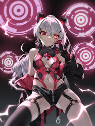  aiming aiming_at_viewer alternate_costume animal_ears arm_behind_back artist_name ass_visible_through_thighs bare_shoulders black_headphones black_headwear black_jacket black_shorts black_thighhighs breasts bronya_zaychik bronya_zaychik_(black_nucleus) cat_ears cleavage commentary_request crotch_zipper electricity facial_mark female garter_straps ginklaga gloves glowing glowing_eyes hair_between_eyes hair_ornament hairclip headgear headphones highres honkai_(series) honkai_impact_3rd jacket leotard leotard_under_clothes lights long_hair long_sleeves looking_down micro_shorts navel o-ring o-ring_bottom o-ring_thigh_strap open_mouth ponytail red_eyes red_leotard shorts small_breasts smile smug solo thigh_strap thighhighs thighs white_hair zipper 