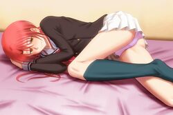  bed_sheet black_shirt blush bonnie_(rsg) collarbone collared_shirt female hair_between_eyes hino_kahoko indoors kneehighs la_corda_d&#039;oro long_hair long_sleeves lying miniskirt neckerchief on_side panties pink_panties pleated_skirt red_hair red_neckerchief sailor_collar sailor_shirt school_uniform serafuku shirt skirt socks solo straight_hair underwear white_sailor_collar white_skirt yellow_eyes 