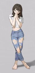  barefoot blue_pants brown_hair contrapposto covered_mouth crop_top crop_top_overhang crossed_legs denim feet female fingernails flower_tattoo full_body grey_background grey_eyes highres hip_tattoo jeans kimura_731 long_hair looking_at_viewer midriff navel original own_hands_together pants shadow shirt short_sleeves simple_background solo standing tattoo toenails toes torn_clothes torn_jeans torn_pants white_shirt 