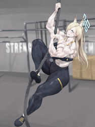  702_96 abs absurdres animal_ear_fluff animal_ears barbell bare_shoulders blonde_hair blue_archive blue_eyes blue_halo climbing climbing_rope commentary commission dog_ears dog_girl exercising female gym halo highres kanna_(blue_archive) korean_commentary looking_up muscular muscular_female pixiv_commission shoes sneakers sweat veins veiny_arms 