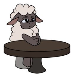  1:1 2023 alpha_channel amanda_the_adventurer anthro black_body bovid caprine chair chest_tuft fur furniture holding_own_hand male mammal on_chair pegacousin serious_face sheep sitting sitting_on_chair solo table tuft white_body white_fur wooly_(amanda_the_adventurer) 