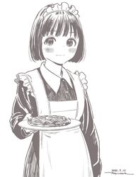  :| alternate_costume apron blush bob_cut closed_mouth commentary dated dot_nose dress enmaided female food greyscale holding holding_plate horikou koguma_(super_cub) long_sleeves looking_at_viewer maid maid_apron maid_headdress monochrome plate short_hair signature simple_background solo super_cub white_background 