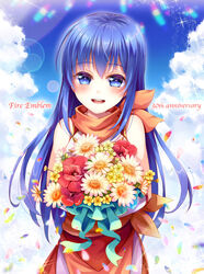  aged_down anniversary blue_eyes blue_hair blue_sky bouquet caeda_(fire_emblem) cloud copyright_name day female fire_emblem fire_emblem:_mystery_of_the_emblem fire_emblem_heroes flower highres holding holding_bouquet if_oki long_hair looking_at_viewer open_mouth petals sky sleeveless solo 