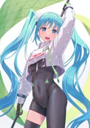  :d arm_up ashitana asymmetrical_legwear black_bodysuit black_gloves black_legwear blue_eyes blue_hair bodysuit breasts commentary covered_navel female floating_hair gloves goodsmile_racing green_gloves hatsune_miku highres long_hair looking_at_viewer medium_breasts open_mouth racing_miku racing_miku_(2022) simple_background skindentation smile solo standing thighhighs twintails two-tone_gloves very_long_hair vocaloid white_background 