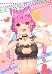  :d ahoge alternate_hairstyle animal_ears armpits arms_up bare_arms bare_shoulders bell black_bra black_choker blue_hair bra breasts cat_cutout cat_ears cat_girl cat_lingerie cat_tail chahei choker cleavage cleavage_cutout clothing_cutout colored_inner_hair female frilled_bra frills highres hololive jingle_bell long_hair looking_at_viewer medium_breasts meme_attire midriff minato_aqua multicolored_hair navel oerba_yun_fang open_mouth purple_hair smile solo stomach streaked_hair tail tail_bell tail_ornament twintails two-tone_hair underwear upper_body virtual_youtuber 