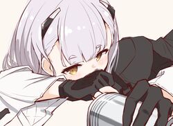  ak-alfa_(girls&#039;_frontline) bad_id bad_pixiv_id black_gloves black_jacket blush brown_background brown_eyes can commentary_request covered_mouth female girls&#039;_frontline gloves grey_hair headgear holding holding_can jacket looking_at_viewer matsuo_(matuonoie) partially_fingerless_gloves simple_background solo thick_eyebrows 