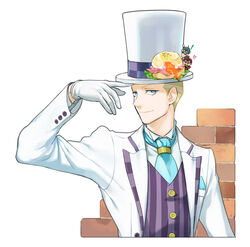  3boys arm_up ascot ashley_graydon blonde_hair blue_ascot blue_eyes bread brick_wall chibi closed_mouth egg_(food) eggs_benedict food gloves gyakuten_saiban hat hollandaise_sauce jacket long_sleeves looking_at_viewer male_focus mikami multiple_boys nash_skulkin purple_vest ringo_skulkin simple_background striped the_great_ace_attorney the_great_ace_attorney:_adventures top_hat vest white_background white_gloves white_headwear white_jacket 