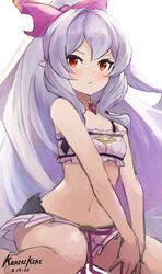  bare_arms bare_shoulders bikini commentary dated english_commentary feet_out_of_frame female frilled_bikini frills granblue_fantasy hair_ribbon long_hair medusa_(shingeki_no_bahamut) medusa_(summer)_(granblue_fantasy) navel pink_ribbon ponytail punished_pigeon purple_eyes ribbon signature simple_background sitting solo swimsuit very_long_hair wariza white_background white_bikini 