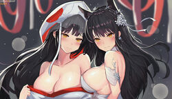  2girls absurdres animal_ears atago_(azur_lane) atago_(lily-white_vow)_(azur_lane) azur_lane bare_shoulders black_hair blush breasts bride cleavage dog_ears dress flower hair_between_eyes hair_flower hair_ornament hair_ribbon highres japanese_clothes kimono large_breasts long_hair multiple_girls off_shoulder official_alternate_costume ribbon sideboob sleeveless sleeveless_dress takao_(azur_lane) takao_(sakura_hanami)_(azur_lane) team_moka veil very_long_hair wataboushi white_kimono 