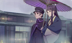  2girls ayu161 black_eyes black_hair black_headwear black_jacket blunt_bangs building cloak closed_mouth crossdressing grey_sky gyakuten_saiban hat highres holding holding_umbrella jacket japanese_clothes kimono looking_away multiple_girls oil-paper_umbrella outdoors purple_cloak rain rei_membami ryutaro_naruhodo shared_umbrella short_hair sidelocks sky susato_mikotoba the_great_ace_attorney the_great_ace_attorney_2:_resolve umbrella wide_sleeves yellow_kimono 