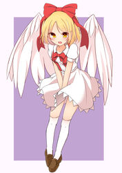  absurdres angel_wings blonde_hair bow brown_eyes brown_footwear commentary_request dress dress_tug embarrassed feathered_wings female full_body gengetsu_(touhou) hairbow highres inon loafers open_mouth over-kneehighs puffy_short_sleeves puffy_sleeves ribbon shoes short_hair short_sleeves skirt solo suspender_skirt suspenders thighhighs touhou touhou_(pc-98) v_arms white_dress white_thighhighs wind wind_lift wings 