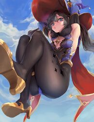  arms_up black_pantyhose blue_eyes blue_sky breasts cape day female genshin_impact hat high_heels legs leotard looking_at_viewer mona_(genshin_impact) pantyhose purple_hair sky solo witch_hat wonchun 