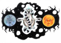  5_fingers 5_toes black_nose black_pawpads border deity denoyelle feet female feral fingers fur green_eyes grey_body grey_fur group jewelry kissing lemur male mammal moon multicolored_body multicolored_fur necklace pawpads primate ring-tailed_lemur space star strepsirrhine sun toes white_border 