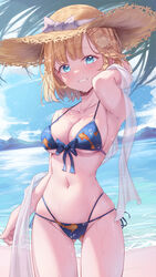  absurdres armpits bare_shoulders beach bikini blonde_hair blue_eyes bob_cut breasts collarbone commentary female grin hair_ornament halterneck hat highres hololive hololive_english looking_at_viewer medium_breasts medium_hair midriff mole mole_on_breast navel outdoors sand shawl shironekokfp side-tie_bikini_bottom smile solo straw_hat string_bikini sun_hat swimsuit virtual_youtuber water watson_amelia wet 