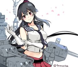  black_hair black_neckerchief black_sailor_collar blush collarbone female gloves hair_between_eyes ichinomiya_(blantte) kantai_collection long_hair machinery neckerchief one-hour_drawing_challenge pleated_skirt ponytail red_eyes red_skirt rigging sailor_collar school_uniform serafuku simple_background skirt sleeveless smile solo turret twitter_username very_long_hair white_background white_gloves yahagi_(kancolle) 