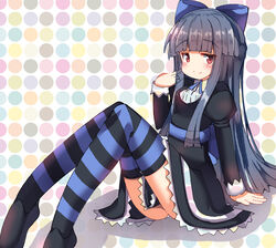  absurdres arm_support bad_id bad_pixiv_id black_dress black_footwear black_hair blue_bow blush bow braid closed_mouth commentary_request cosplay dress female hairbow hand_up highres idolmaster idolmaster_cinderella_girls idolmaster_cinderella_girls_starlight_stage juliet_sleeves knees_up long_sleeves looking_at_viewer panties panty_&amp;_stocking_with_garterbelt partial_commentary puffy_sleeves red_eyes sajo_yukimi shoes sitting smile solo stocking_(psg) stocking_(psg)_(cosplay) striped_clothes striped_thighhighs thighhighs umberblack underwear white_panties 