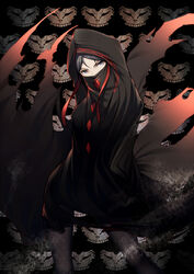  assassin_(fate/strange_fake) banned_artist black_cloak black_eyes black_hair cloak commentary_request fate/strange_fake fate_(series) female head_tilt hood hooded_cloak kyoeiki looking_at_viewer red_ribbon ribbon skull_mask solo 