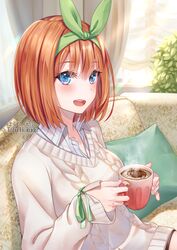  :d artist_name blue_eyes blush breasts coffee coffee_mug collared_shirt commentary_request couch cup female from_side go-toubun_no_hanayome green_hairband green_ribbons hair_between_eyes hair_ribbon hairband hakuda_tofu highres holding holding_cup indoors long_sleeves looking_at_viewer medium_breasts mug nakano_yotsuba open_mouth orange_hair ribbon shirt short_hair sitting smile solo striped_clothes striped_shirt sweater teeth upper_body upper_teeth_only white_shirt 