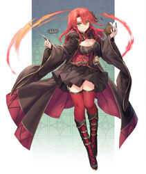  absurdres bad_id bad_pixiv_id black_footwear book boots breasts brown_coat brown_dress cleavage closed_mouth coat commission corset dress female green_eyes hair_between_eyes highres holding holding_book holding_wand knee_boots long_hair long_sleeves looking_at_viewer medium_breasts original red_hair red_thighhighs shichigatsu skeb_commission smile solo thighhighs wand wide_sleeves 