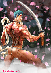  1boy ass ayukisa back_tattoo bara bead_necklace beads blue_hair cherry_blossoms eyeshadow from_behind fundoshi holding holding_sword holding_weapon irezumi japanese_clothes jewelry loincloth_lift looking_at_viewer looking_back makeup male_focus male_underwear mouth_hold muscular muscular_male nape necklace petals solo sword tattoo textless_version thick_thighs thighs touken_ranbu underwear weapon white_male_underwear yamabushi_kunihiro 