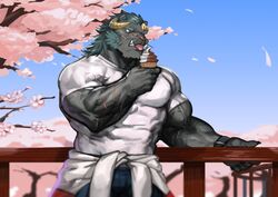  5_fingers abs absurd_res anthro biceps black_body black_fur blue_bottomwear blue_clothing blue_hair blue_pants blue_sky bottomwear cherry_blossom claws clothed clothing clothing_around_waist dessert eating fangs felid fingers flower food fur hair hi_res holding_food holding_object ice_cream krampus_(tas) lifewonders male mammal melanistic muscular muscular_anthro muscular_male pantherine pants pecs petals plant prunus_(flower) railing shirt sky solo teeth tokyo_afterschool_summoners tongue tongue_out topwear traver009 tree vein whiskers white_clothing white_shirt white_topwear 