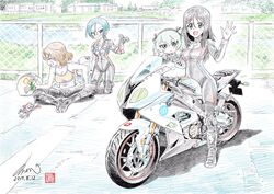  3girls :d artist_logo artist_name azumi_(girls_und_panzer) black_bodysuit black_hair blue_eyes bmw bodysuit bodysuit_pull breasts brown_hair can chain-link_fence character_doll cleavage closed_mouth colored_pencil_(medium) commentary_request dated day doll drink_can emblem facing_away fence frown girls_und_panzer glasses gloves grey_eyes grey_hair hand_on_own_knee helmet highres holding holding_can holding_clothes holding_doll holding_gloves kneeling kubota_shinji long_hair long_sleeves medium_hair megumi_(girls_und_panzer) motor_vehicle motorcycle motorcycle_helmet multiple_girls navel open_mouth outdoors race_vehicle round_eyewear rumi_(girls_und_panzer) selection_university_(emblem) shadow shimada_arisu short_hair signature sitting smile soda_can sports_bra standing stream tearing_up traditional_media unworn_gloves waving yellow_sports_bra 