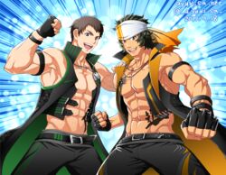  2boys abs adapted_costume ayukisa bara bare_pectorals belt black_belt black_coat black_gloves brown_hair bulge coat cowboy_shot dog_tags enjoji_michiru fingerless_gloves gloves green_hair headband idolmaster idolmaster_side-m large_pectorals looking_at_viewer male_focus multiple_boys muscular muscular_male navel open_clothes open_coat pectorals shingen_seiji sleeveless sleeveless_coat starting_brighty_(idolmaster) stomach white_headwear 