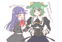  2girls absurdres amahara_nue assault_lily blue_hair crossover green_hair hairband height_difference highres iwata_haruki md5_mismatch multiple_girls school_uniform shoujo_kageki_revue_starlight tsuyuzaki_mahiru twintails voice_actor_connection yellow_hairband yoshimura_thi_mai 