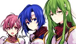  3girls bad_id bad_twitter_id blue_eyes blue_hair catria_(fire_emblem) closed_mouth commentary est_(fire_emblem) fire_emblem fire_emblem:_mystery_of_the_emblem green_eyes green_hair headband long_hair looking_at_viewer multiple_girls naho_(pi988y) open_mouth palla_(fire_emblem) pegasus_knight_uniform_(fire_emblem) pink_eyes pink_hair short_hair siblings simple_background sisters symbol-only_commentary twitter_username upper_body white_background white_headband 