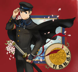  1boy black_eyes black_hair black_hat black_jacket black_pants closed_mouth cowboy_shot gakuran gyakuten_saiban hand_up hat holding holding_sword holding_weapon jacket katana long_sleeves looking_at_viewer male_focus mikami pants red_background ryunosuke_naruhodo scabbard school_uniform sheath sheathed short_hair smile solo standing sword the_great_ace_attorney the_great_ace_attorney:_adventures weapon 