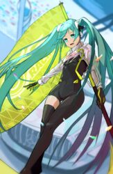  999_ducati :d absurdres aqua_hair asymmetrical_legwear black_bodysuit black_gloves blue_eyes blurry blurry_background bodysuit breasts commentary female flag floating_hair gloves goodsmile_racing hair_ornament hatsune_miku highres holding long_hair medium_breasts open_mouth racing_miku racing_miku_(2022) smile solo standing twintails two-tone_gloves very_long_hair vocaloid yellow_gloves 