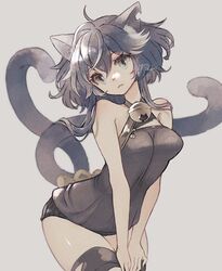  :3 animal_ears bare_arms bare_shoulders bell black_dress black_hair black_thighhighs breasts cat_ears cat_girl cat_tail closed_mouth commentary_request dress female grey_background grey_eyes hair_between_eyes head_tilt jingle_bell leaning_forward long_hair looking_at_viewer multiple_tails neck_bell notched_ear original ren-co signature simple_background small_breasts solo tail thighhighs torn_clothes torn_thighhighs two_tails 