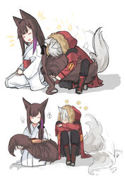  2girls absurdres animal_ears arknights brushing_hair brushing_own_hair comb doctor_(arknights) female_doctor_(arknights) fox_ears fox_girl fox_tail highres hinagi_(fox_priest) hood hood_down hugging_another&#039;s_tail hugging_tail japanese_clothes kimono korean_commentary multiple_girls original projekt_red_(arknights) tail tail_on_face tail_wagging wolf_girl wolf_tail 