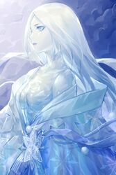  absurdres blue_background blue_eyes blue_skin blue_theme body_markings breasts cleavage cloud colored_skin crystal_skin female from_side highres ice japanese_clothes kimono long_hair looking_away molin off_shoulder one_breast_out onmyoji parted_lips pom_pom_(clothes) profile semigoori_yuki_onna shawl sidelocks snowflake_ornament solo upper_body white_hair white_kimono yuki_onna_(onmyoji) 