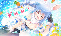  ;d animal_ear_fluff animal_ears arm_up black_gloves black_leotard black_pantyhose blue_hair blush bow braid breasts brown_eyes carrot_hair_ornament catchphrase character_name commentary_request don-chan_(usada_pekora) dress dutch_angle female food-themed_hair_ornament fur-trimmed_dress fur-trimmed_gloves fur_trim gloves hair_between_eyes hair_ornament hairbow hololive leotard long_hair mocha_(naturefour) multicolored_hair one_eye_closed open_mouth orange_eyes pantyhose rabbit-shaped_pupils rabbit_ears round_teeth short_eyebrows small_breasts smile solo strapless strapless_dress strapless_leotard symbol-shaped_pupils teeth thick_eyebrows thigh_gap twin_braids twintails two-tone_hair upper_teeth_only usada_pekora usada_pekora_(1st_costume) very_long_hair virtual_youtuber white_bow white_dress white_hair 